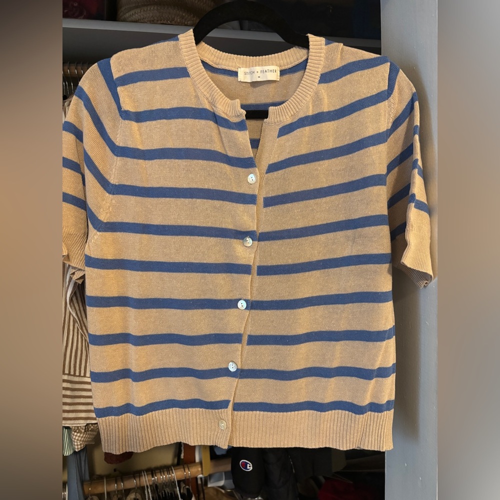 Stitch & Feather Blue and Tan Strip Sweater - M
